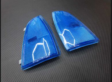 Blue lenses on grey housings